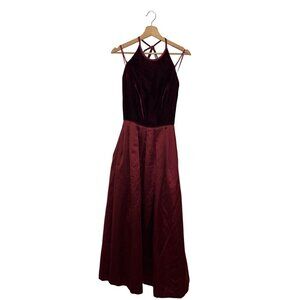 Vintage A.J. Bari Burgundy Halter Velvet Satin Back Lace-Up maxi Dress Women's S